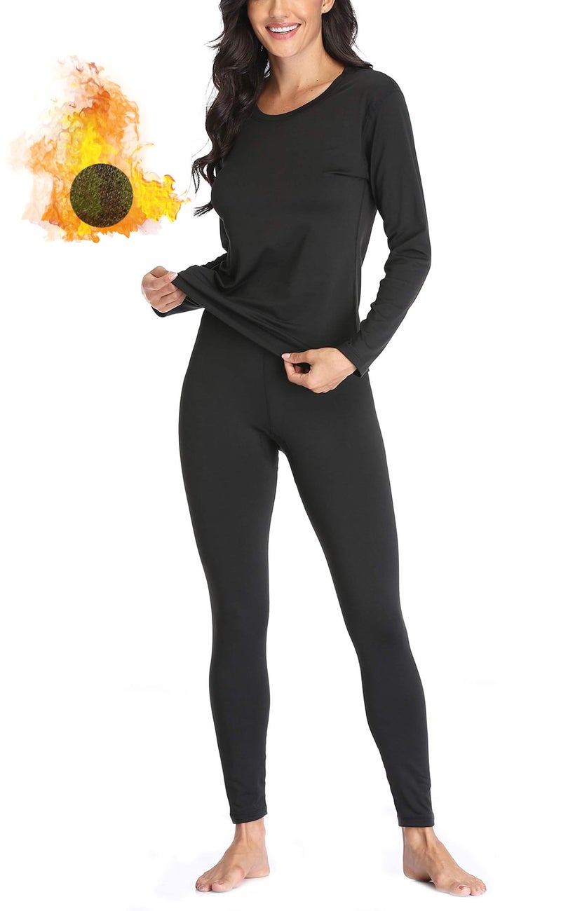 TEEPIRE Women 's Thermal Underwear Set with Lightweight Ultra Soft Fleece Lined,Long John Set, Moisture-Wicking Skiing Base Layer (Medium) Black - Image 1